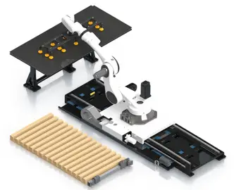 Robot, merkezleme istasyonu ve palet